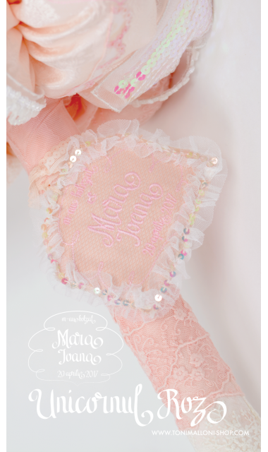 Lumanare de botez cu unicorni si broderie personalizata, 65x4 cm, Taramul unicornilor 7